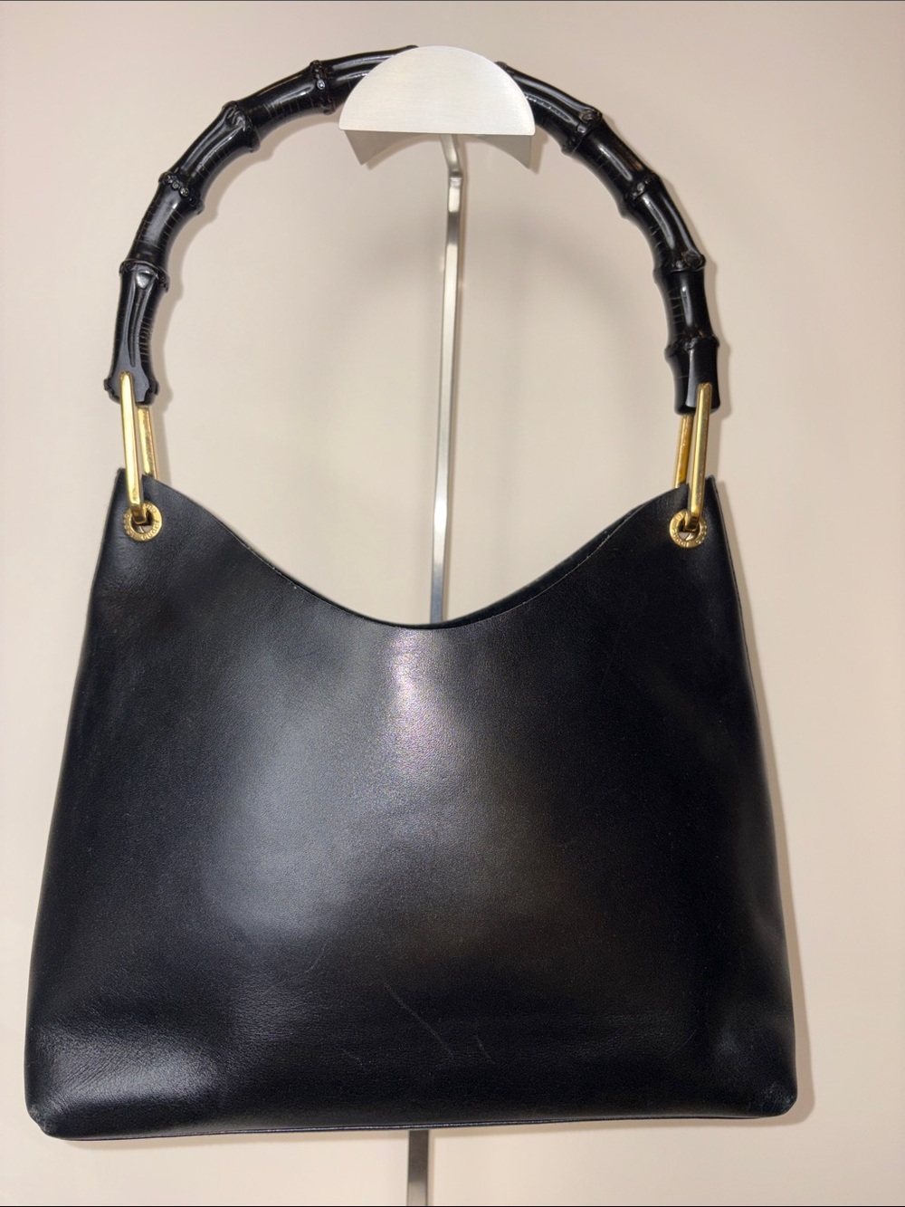 GUCCI Black Bamboo Handle Leather Purse w/ attached Zip Pouch